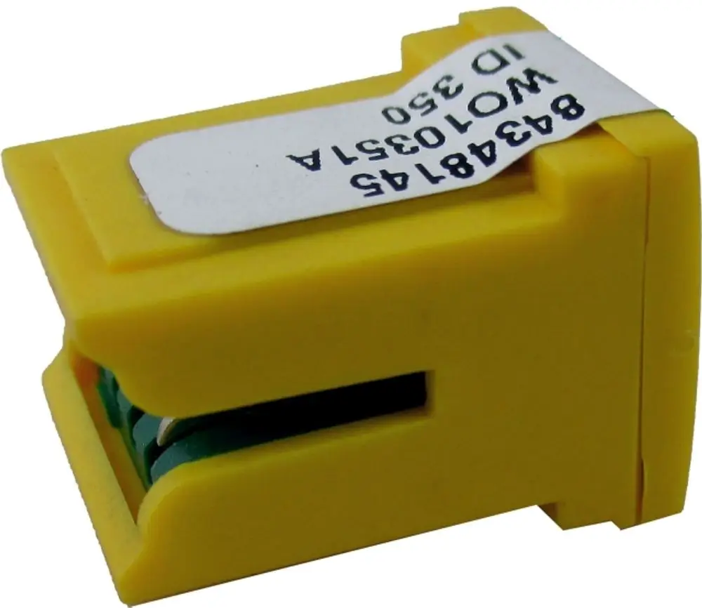 Gelber Parameterstecker mit zwei grünen Kontakten, geeignet für Flüssiggasanwendungen. Ein Produkt der Marke Wolf, das Standardanschlussmöglichkeiten bietet.